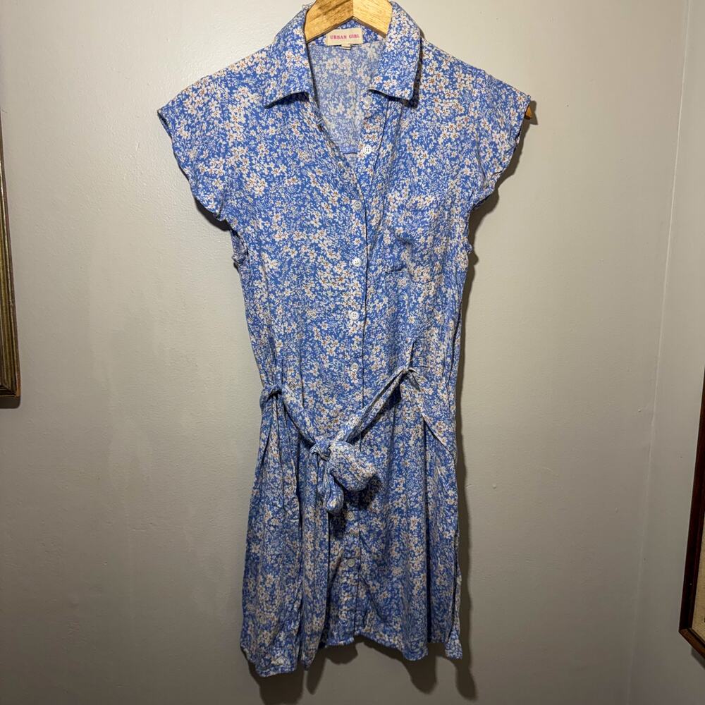 Urban Girl Blue Floral Mini Shirt Dress Size Medium Button Up Cap Sleeve Boho